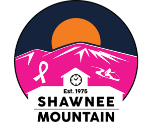 Shawnee Mountain's circle logo with a dark blue background, orange sun, and pink mountain illustration with a white ribbon and skier. This logo represents Paint the Mountain Pink.
