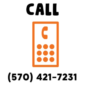 Black text at the top that says "Call," black text at the bottom that says "570-421-7231," and an orange telephone located in the middle of these two phrases