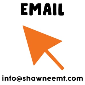 Black text at the top that says "Email," black text at the bottom that says "info@shawneemt.com," and a large orange mouse cursor in the middle